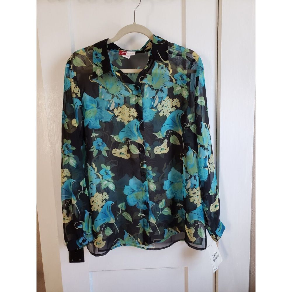 NWT Jm collection see‎ through Bermuda floral long sleeves button down top 14